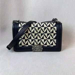CHANEL Black and White Lambskin Texture Le Boy Flap Bag Old Medium
